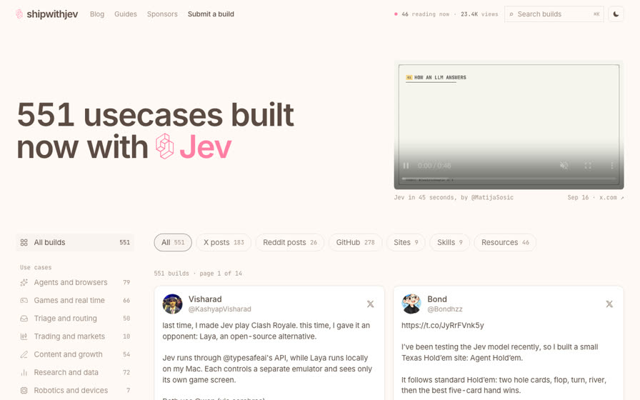 The shipwithjev home page: a headline reading 551 usecases built now with Jev, an embedded video, a sidebar of categories with counts, filter chips, and the first two build cards.